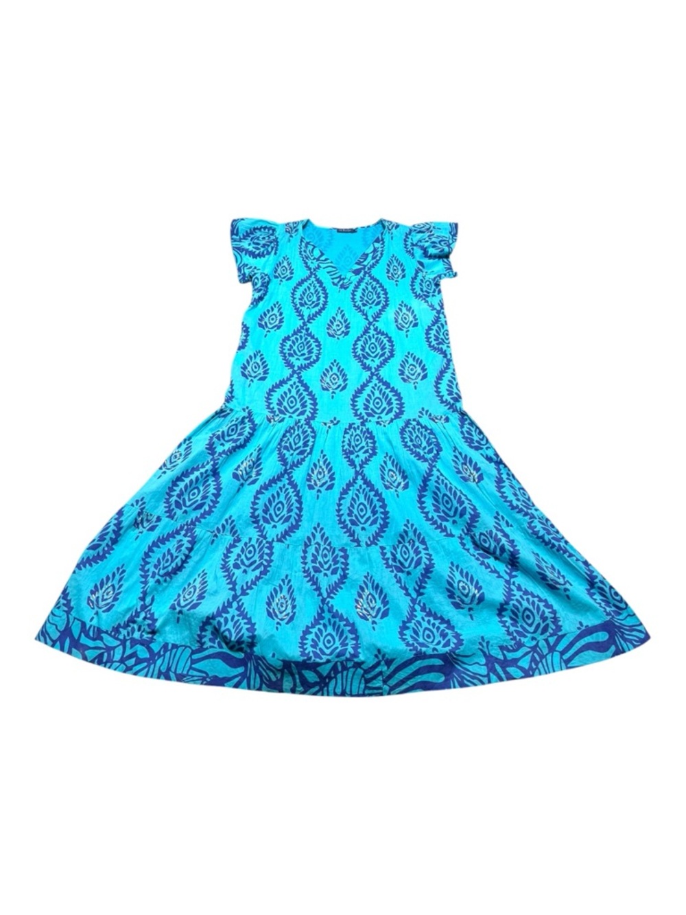 LA PLAGE Women’s Dress Large Maxi Cotton Turquoise Blue Boho Geometric Designer - Picture 7 of 11